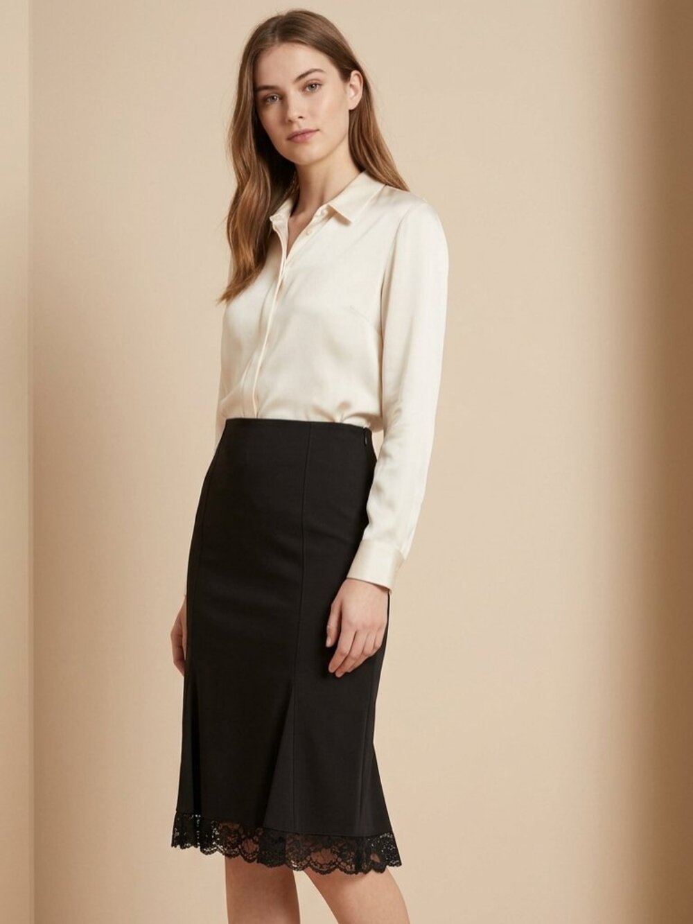 Rinascimento Black Midi Pencil Skirt with Lace Hem & Back Pleats Size S Italy